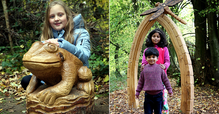 children with different wetland sculptures at Hardwick Park